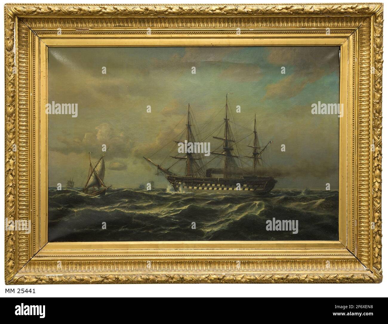 Dipinto ad olio che mostra una nave nelson dipinta a vapore, vale a dire, scafo nero con una striscia bianca sulle porte del cannone, con velocità attraverso l'acqua. Dal cricket della nave, Una colonna di fumo irrises.The nave è pieno-rigged ma nessuna vela è set.Right troppo se la linea di vapore deve essere visto una barca a vela più piccola e in background un numero più piccolo di vascelli.Unknown artist.Steam linea pastori che si verificano nel 19 ° secolo.The navi sono stati pieno-rigged con il maestro e navigare oltre il vapore Motore che poteva anche far funzionare la nave forward.Over nel tempo, le carri sono stati completamente fuori produzione, anche se lì Foto Stock