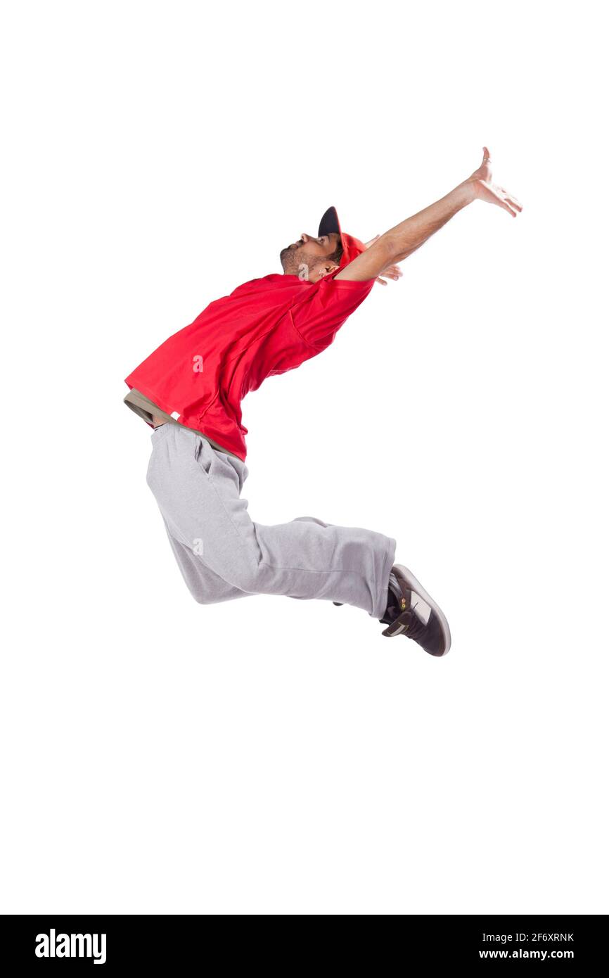 hip hop dancer esecuzione movimento isolato su sfondo bianco Foto Stock