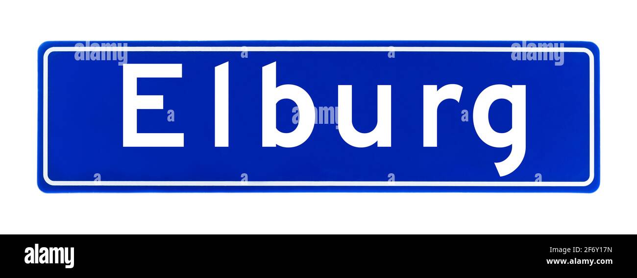 Segno limite della città di Elburg, Paesi Bassi isolati su uno sfondo bianco Foto Stock