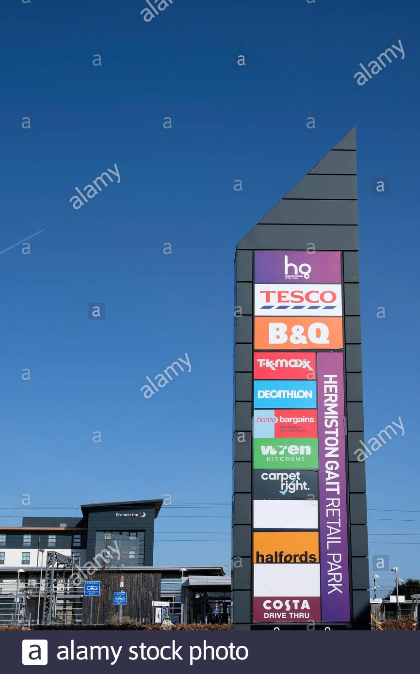 Cartello del parco commerciale Hermiston Gait, Edimburgo, Scozia Foto Stock
