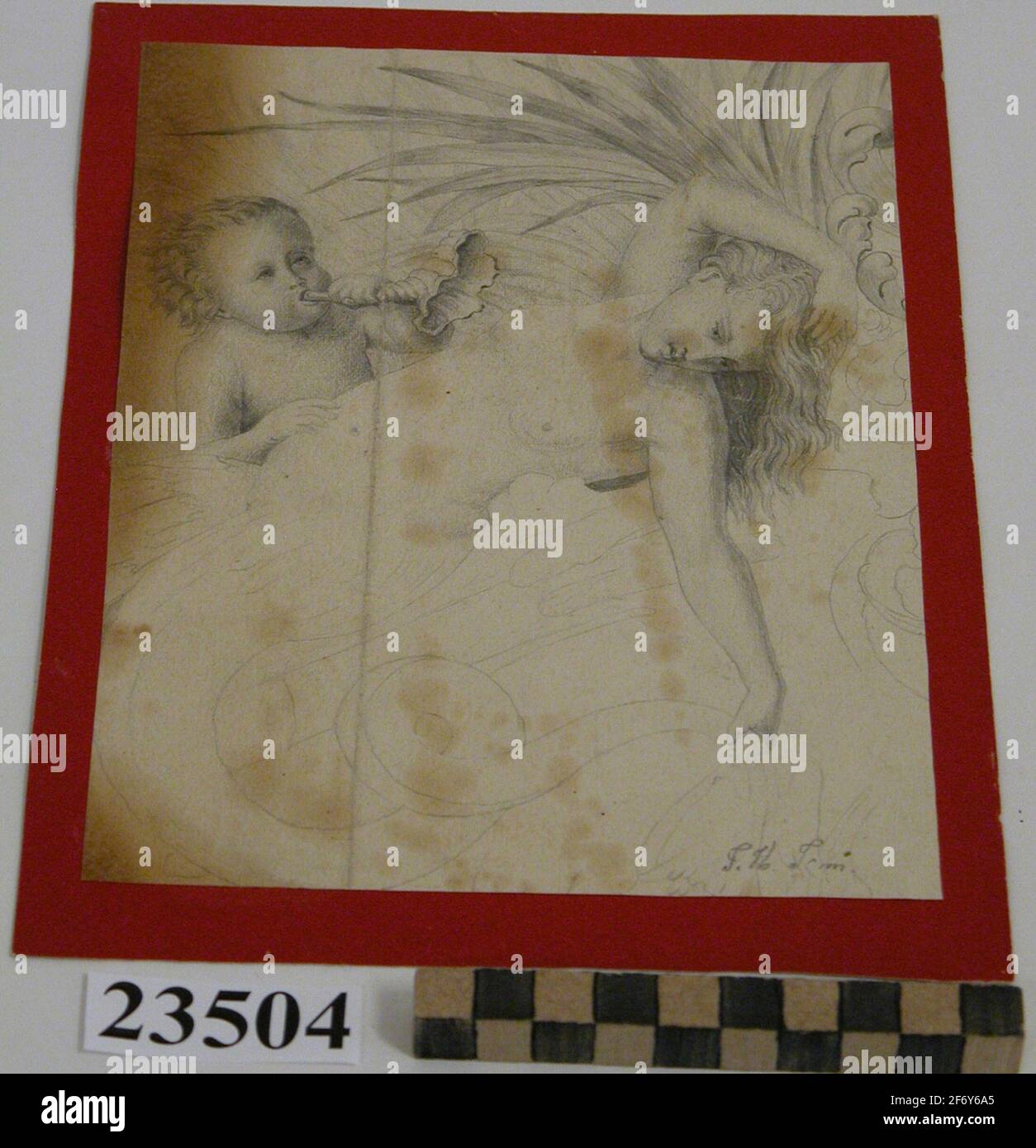 Matita drawing.Pencil disegno su carta rettangolare bianca (giallastra), formato ritratto, incollato su cartoncino.il motivo mostra la sirena con capelli di rash, inclinata indietro.in una mano, tiene alla fine della sua coda di pesce, L'altro braccio è in altezza sopra la testa.a sua un'anca un bambino che soffia in seashell.in fondo Palmett e Akantus Ornamentik.signed nell'angolo in basso a destra: f.H.t-m.Nota: Appartiene ad ACC 2/83 in mm archivio. Foto Stock