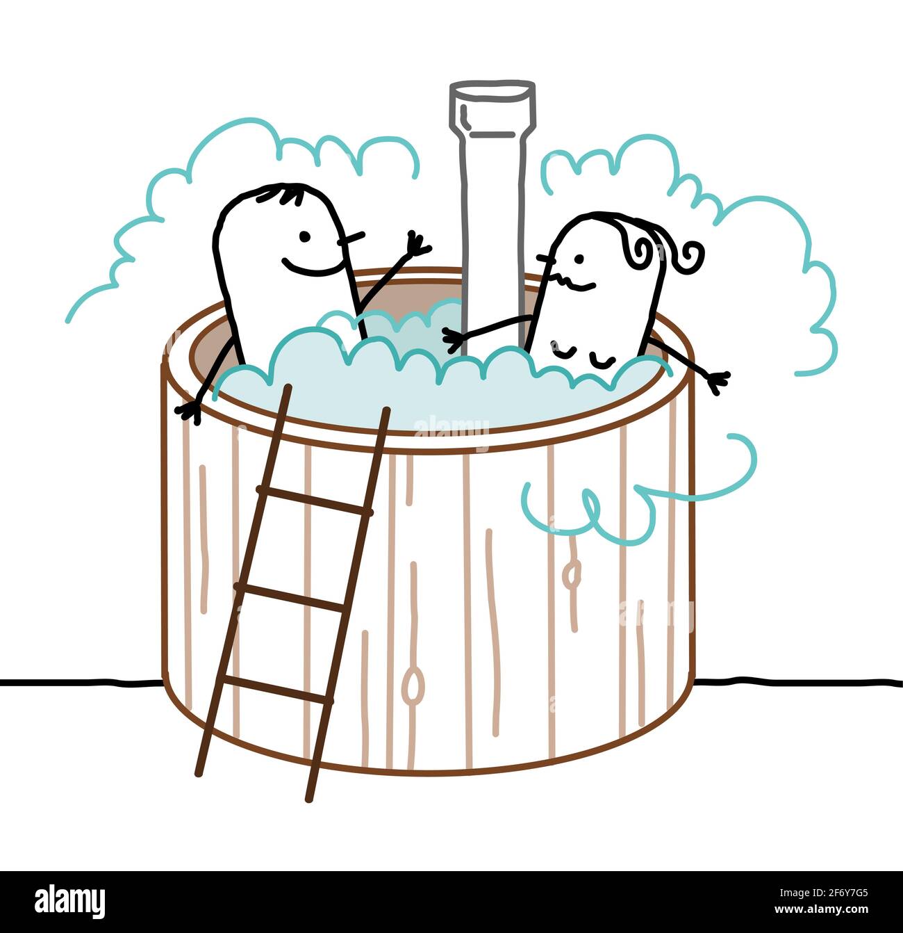 Coppia di cartoni disegnati a mano che si rilassano in una Jacuzzi all'aperto Illustrazione Vettoriale