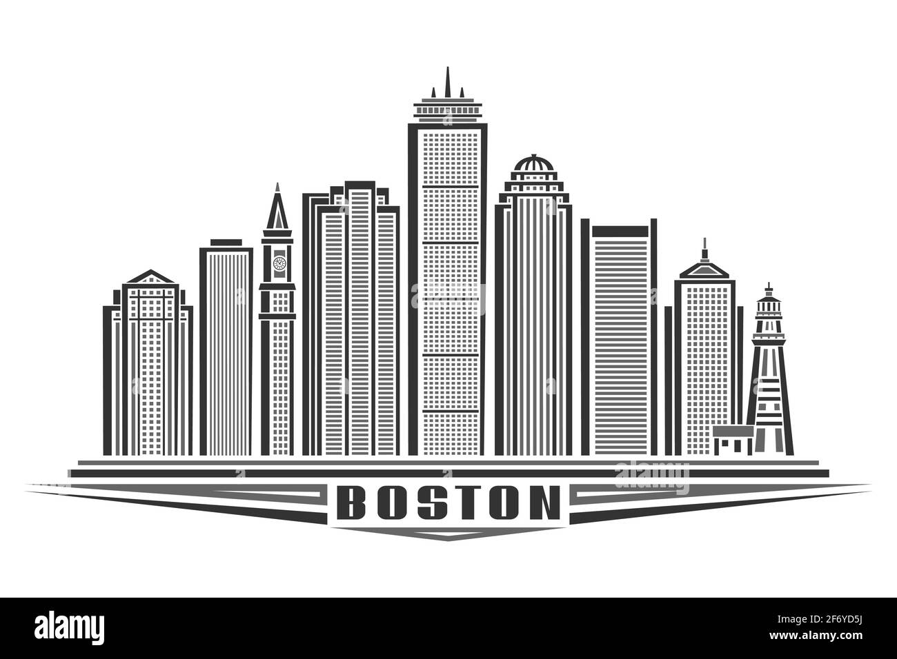 Illustrazione vettoriale di Boston, poster orizzontale monocromatico con design di profilo paesaggio urbano di boston, concetto di arte urbana con esclusiva grafica decorativa Illustrazione Vettoriale