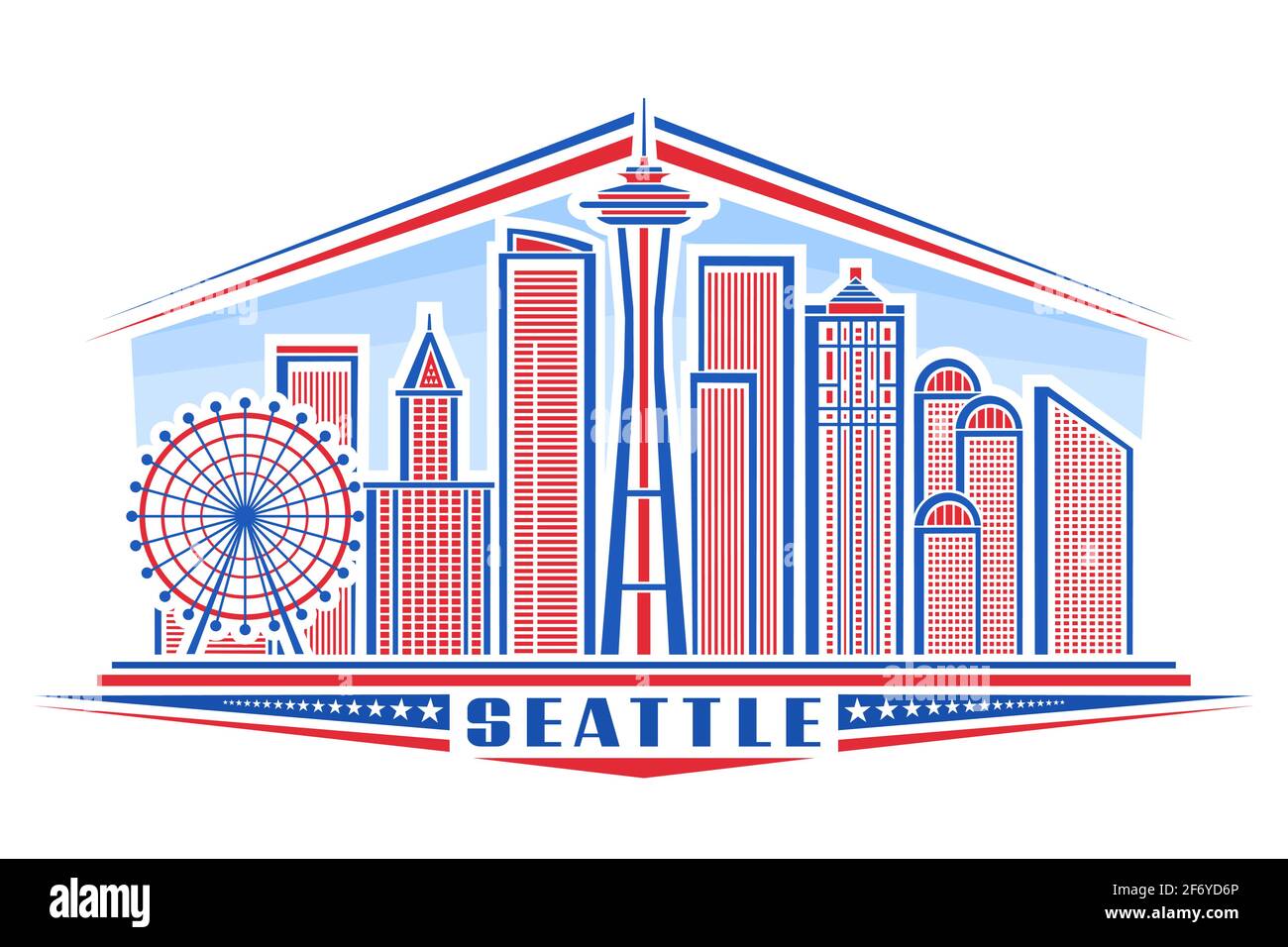 Illustrazione vettoriale di Seattle, poster orizzontale con design a profilo paesaggio cittadino di seattle sullo sfondo del giorno, concetto di arte urbana con le uniche Illustrazione Vettoriale