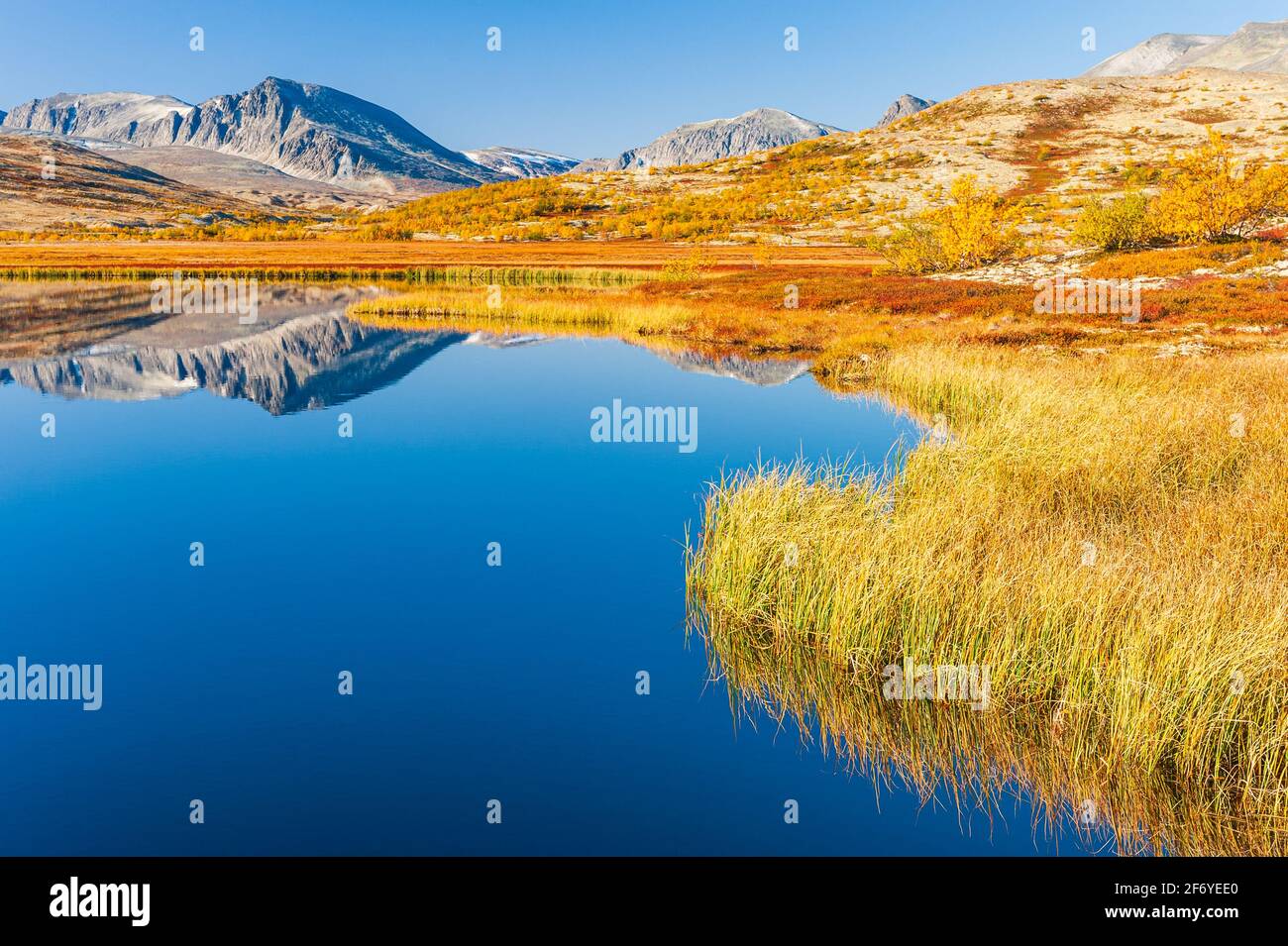 Montagne che si riflettono in lago in autunno, Norvegia, Foto Stock