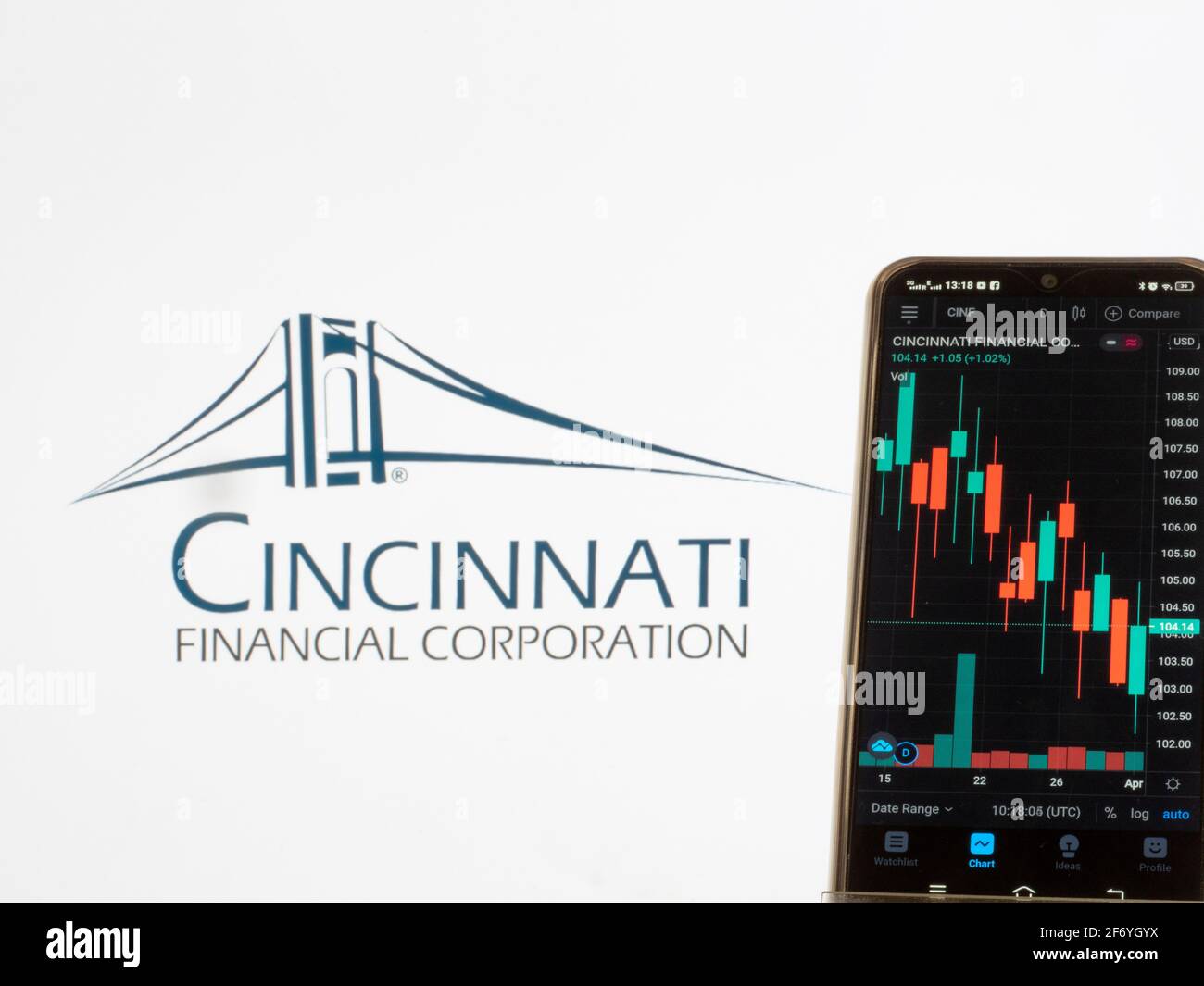 In questa illustrazione fotografica le informazioni del mercato azionario di Cincinnati Financial Corporation visualizzate su uno smartphone con il logo di Cincinnati Financial Corporation sullo sfondo. Foto Stock