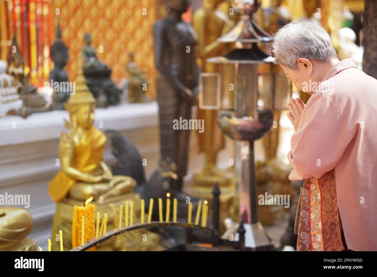 anziana anziana asiatica anziana viaggiatore turista in preghiera al tempio buddista. Foto Stock