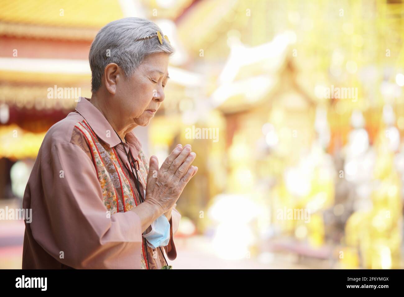 anziana anziana asiatica anziana viaggiatore turista in preghiera al tempio buddista. Foto Stock