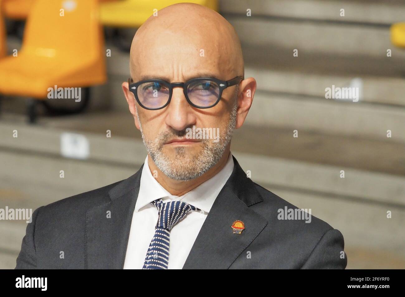 Cantu, Italia. 03 Apr 2021. Frank Vitucci, capo allenatore Happy Casa  Brindisi durante acqua S.Bernardo Cantu vs Happy Casa Brindisi, campionato  di basket Serie A in CantÃ¹, Italia, 03 aprile 2021 Credit: