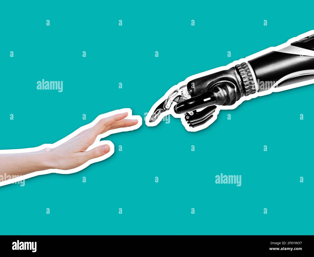 Mano robot che tocca la mano umana femminile, connessione tra le persone e tecnologia di intelligenza artificiale in stile collage cutout Foto Stock