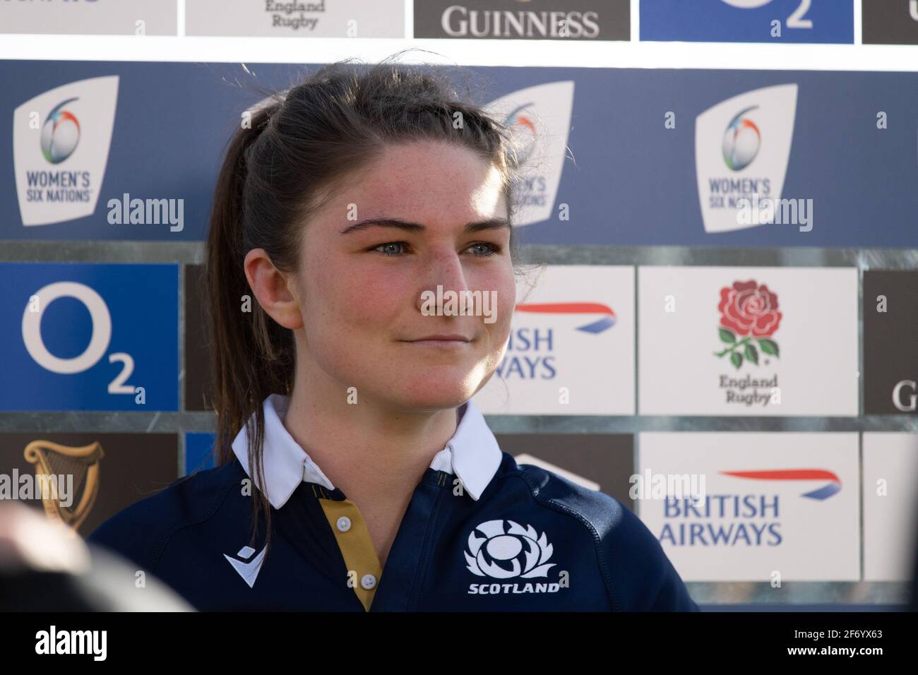 Doncaster, Regno Unito. 03 Apr 2021. Helen Nelson (10 Scozia) ha rilasciato un'intervista dopo il gioco delle sei Nazioni femminili tra Inghilterra e Scozia al Castle Park Stadium di Doncaster, Inghilterra. Credit: SPP Sport Press Photo. /Alamy Live News Foto Stock