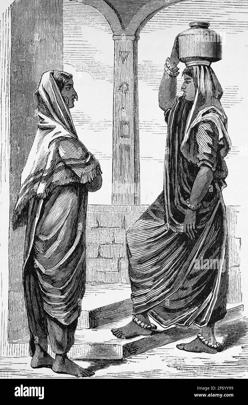 Due donne Rayput nel loro abito locale che parlano l'una con l'altra in un arco, India, incisione del legno, Vienna. Lipsia 1881 Foto Stock