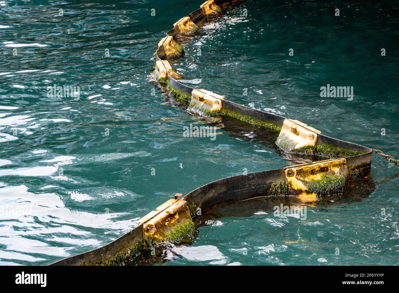 Inquinamento marino, rifiuti e petrolio in mare, pontile di barriera Foto Stock
