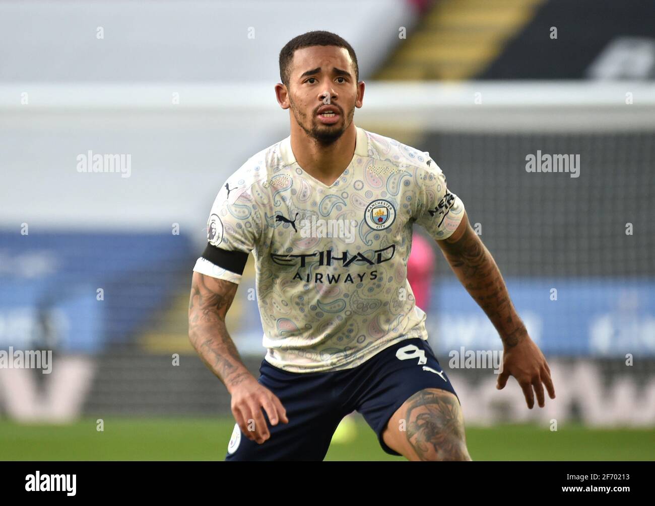Gabriel Jesus di Manchester City reagisce durante la partita della Premier League al King Power Stadium di Leicester. Data di emissione: Sabato 3 aprile 2021. Foto Stock