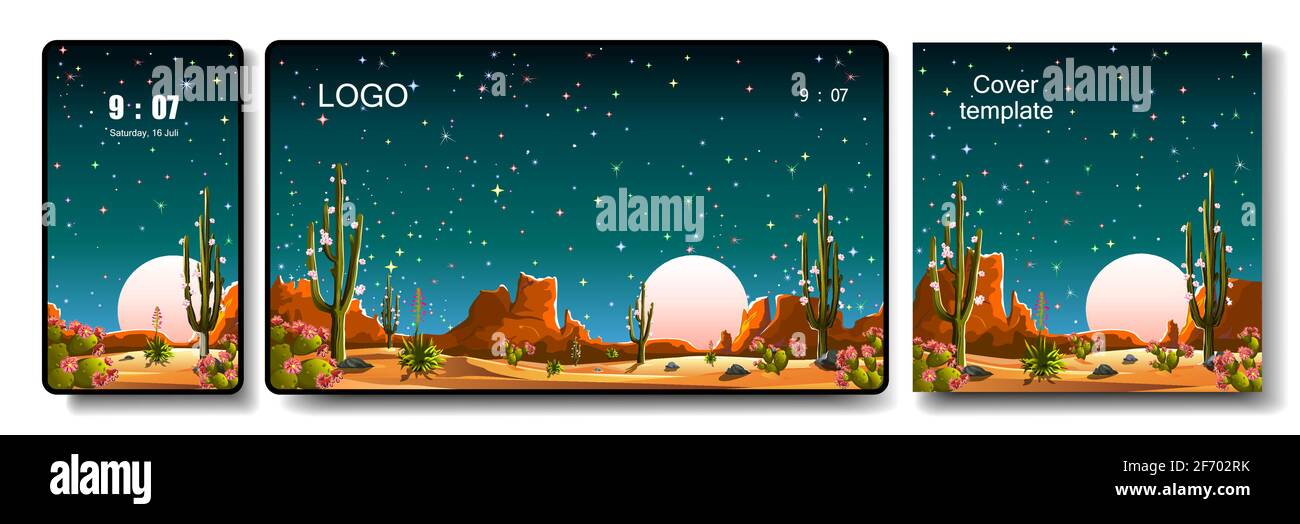 Deserto con cactus. Notte, luna, stelle. Sfondo per telefono cellulare, scrivania e coperchio. Illustrazione Vettoriale