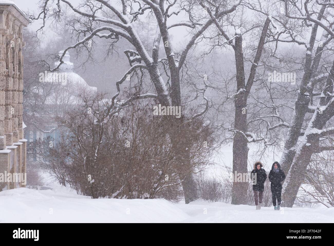 Tsarskoye Selo, San Pietroburgo, Russia – 16 febbraio 2021: Due giovani camminano nel Parco di Caterina vicino alla Galleria Cameron. Foto Stock