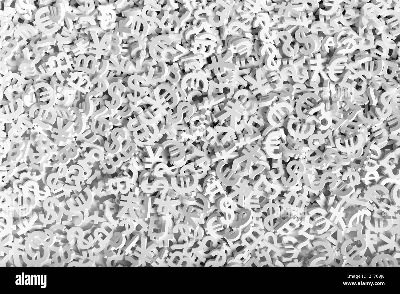 I segni bianchi delle valute mondiali in tre dimensioni di sfondo. illustrazione 3d. Foto Stock
