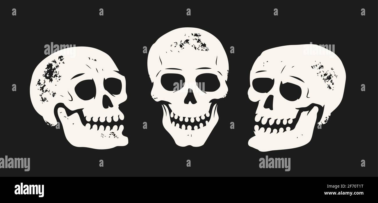 Set cranio grunge. Illustrazione vettoriale del simbolo dello scheletro Illustrazione Vettoriale