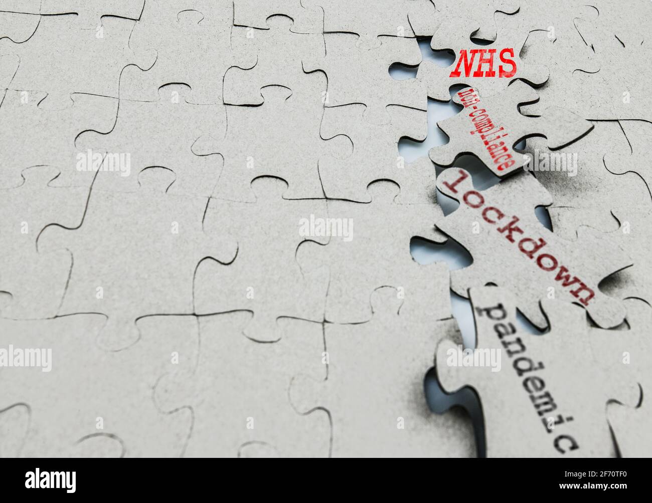 Il gioco di puzzle è 'cracking' sotto la pressione dei concetti: NHS, non-Compliance, Lockdown e Pandemic. Foto Stock
