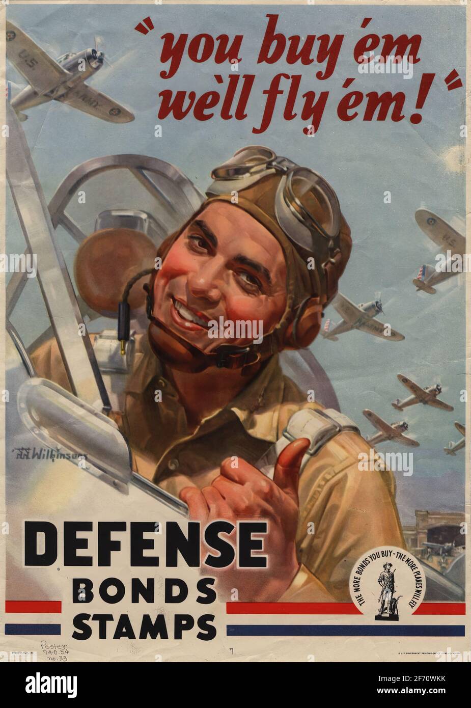 Un poster della seconda guerra mondiale che fa pubblicità a titoli e francobolli di difesa Foto Stock