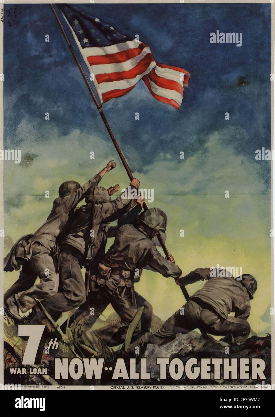 Un poster della seconda guerra mondiale che fa pubblicità al prestito DELLA SETTIMA guerra E mostrando l'immagine Rosenthal della bandiera che si alza Iwo Jima Foto Stock