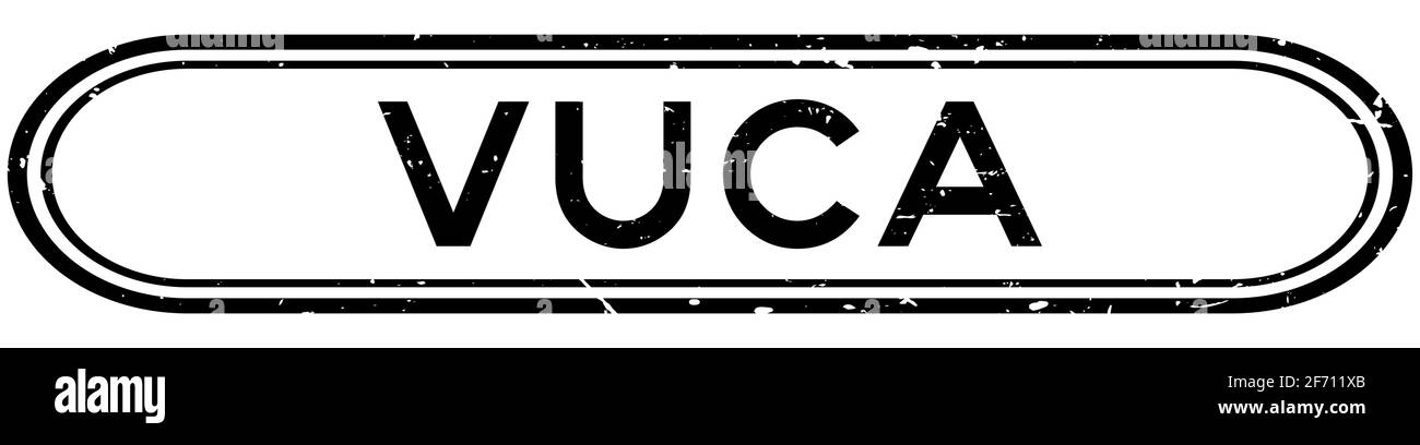 Grunge nero VUCA (abbreviazione di volatilità, incertezza, complessità e ambiguità) parola gomma sigillo timbro su sfondo bianco Illustrazione Vettoriale