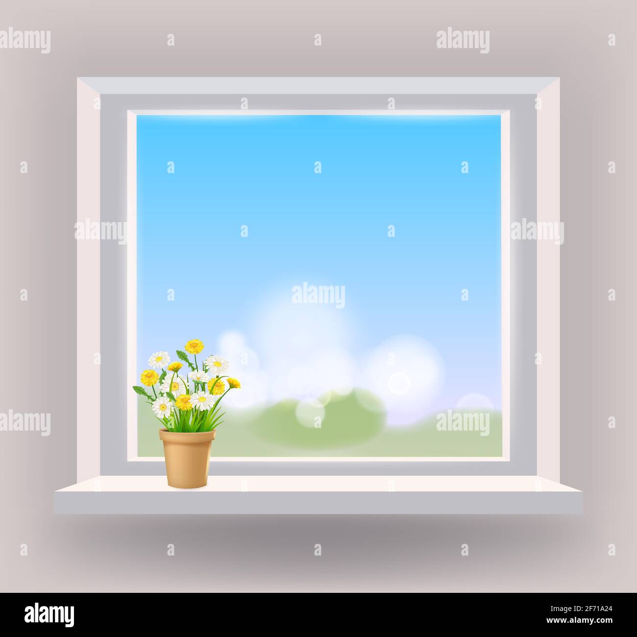 Finestra vista sul paesaggio, primavera, vaso di fiori con fiori margherita e dandelioni sul davanzale, tende Illustrazione Vettoriale