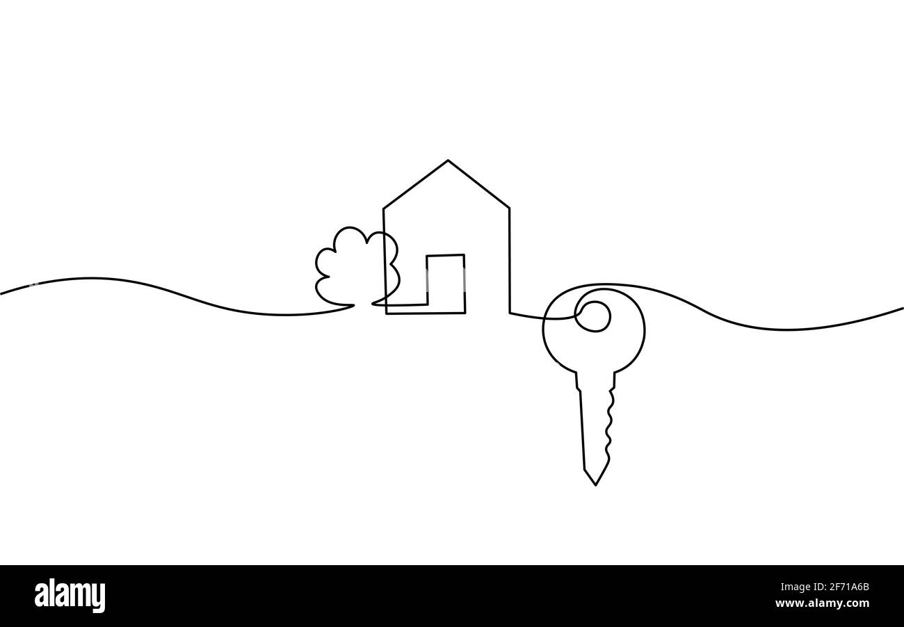 Una linea venditore di chiavi della porta della casa. Complesso residenziale del quartiere degli edifici. Linea continua di schizzo disegnata a mano. Vendere il proprio business di vita dei clienti di famiglia Illustrazione Vettoriale