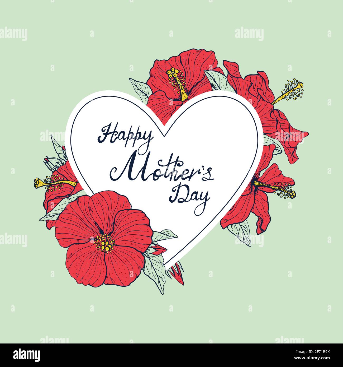 Testo con lettere a mano Happy Mother's day decorato con line art fiori d'ibisco d'epoca Illustrazione Vettoriale