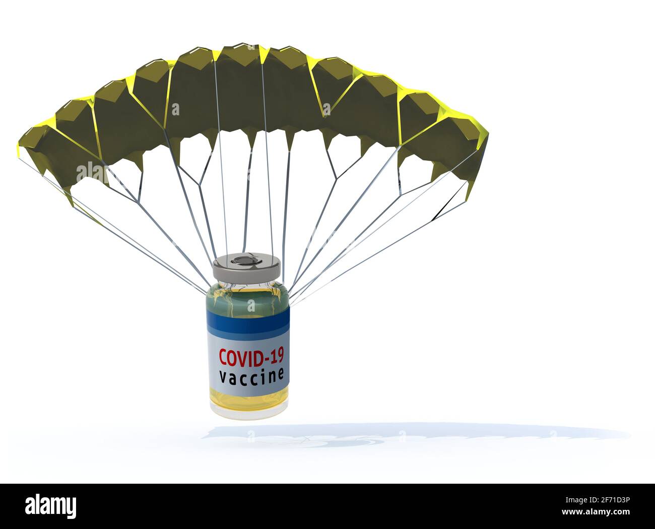 flacone di vaccino che sta atterrando con paracadute, vaccinazione espress concetti 3d illustrazione Foto Stock
