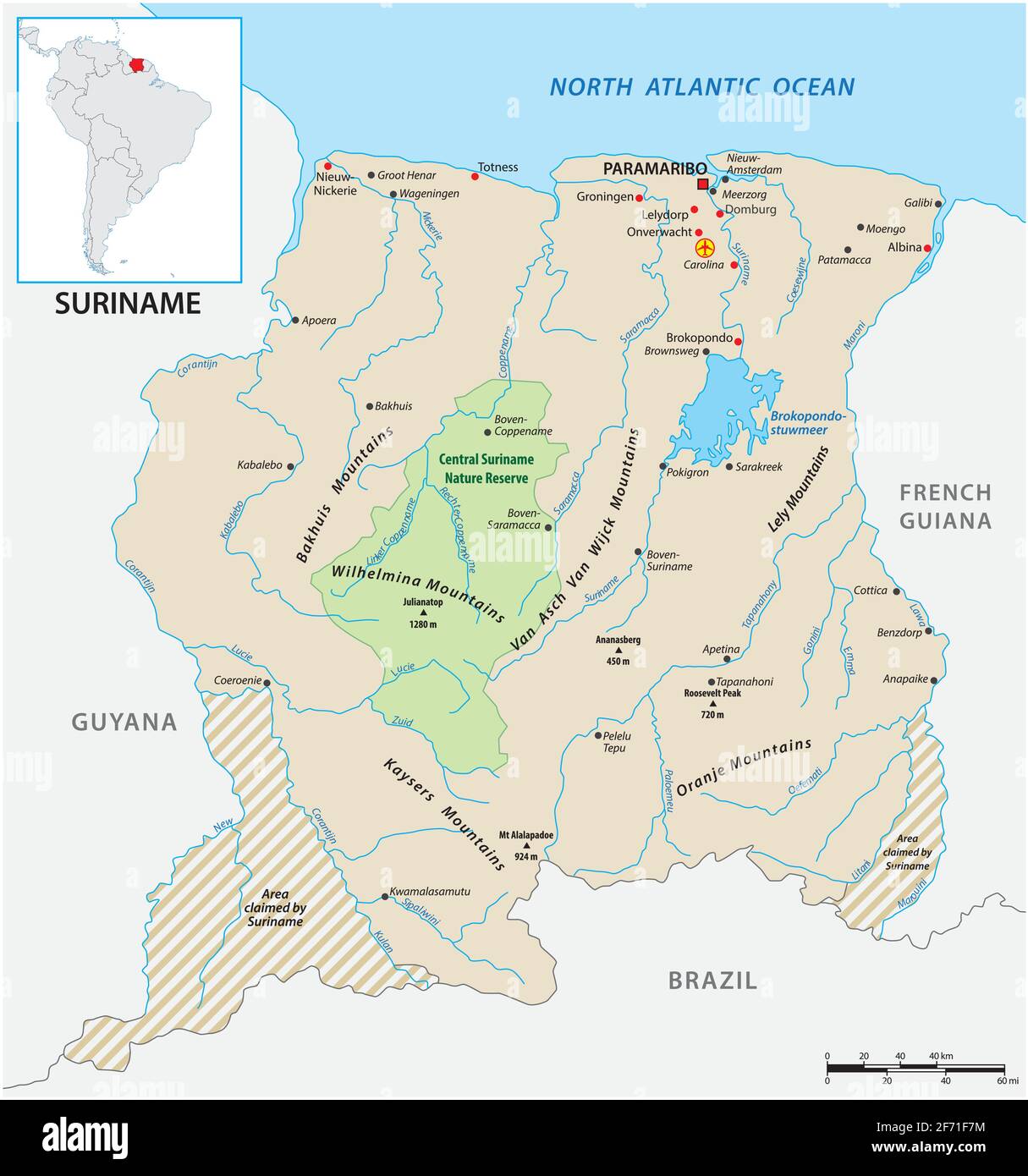 Mappa vettoriale dettagliata dello stato sudamericano del Suriname Illustrazione Vettoriale