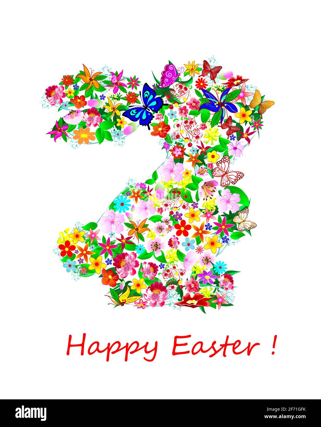 Il coniglio Cartoon è decorato con fiori. I fiori sono disposti a forma di coniglio. Pasqua, primavera. Biglietto d'auguri. Illustrazione Vettoriale