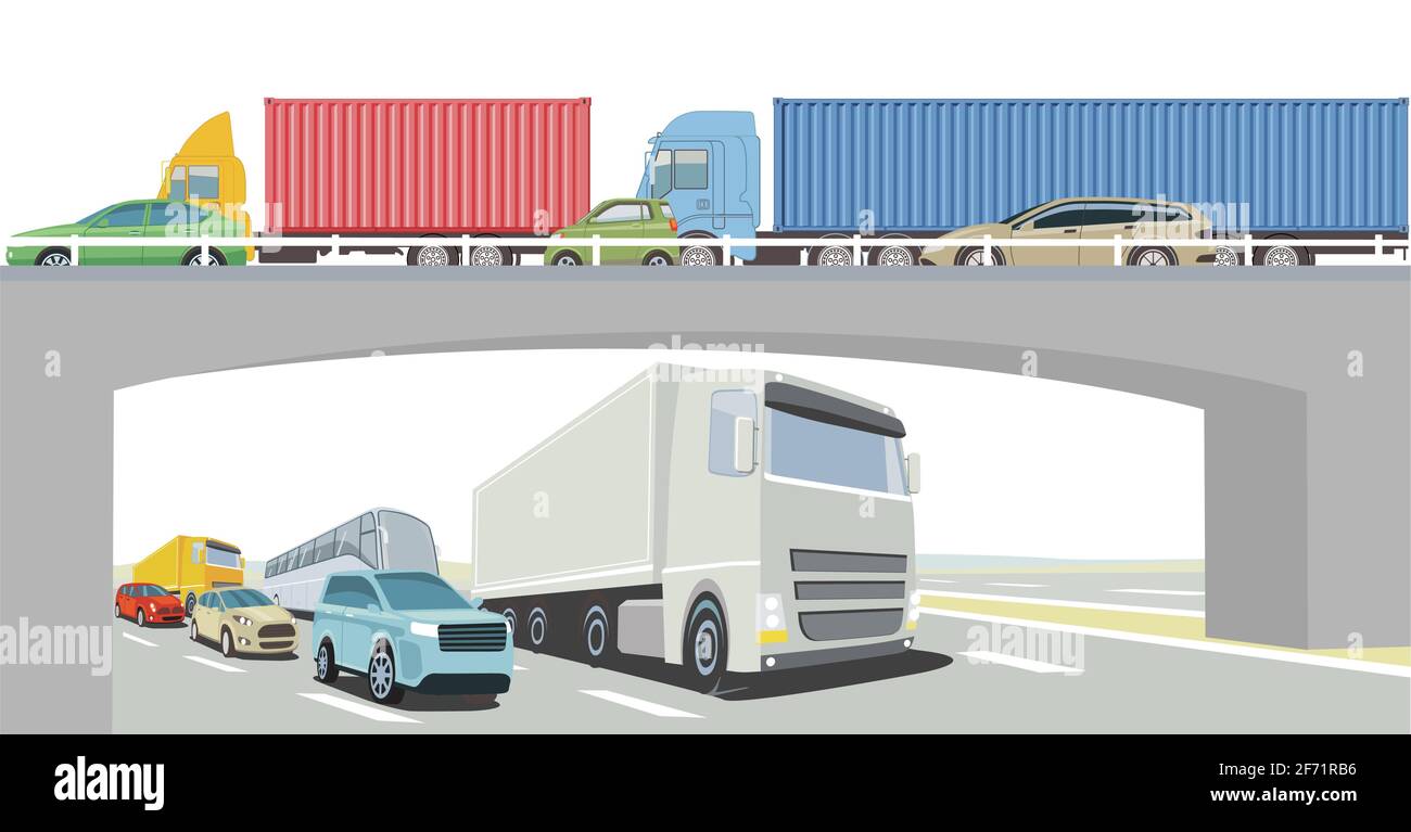 Ponte autostradale con camion, autobus e auto passeggeri Illustrazione Vettoriale