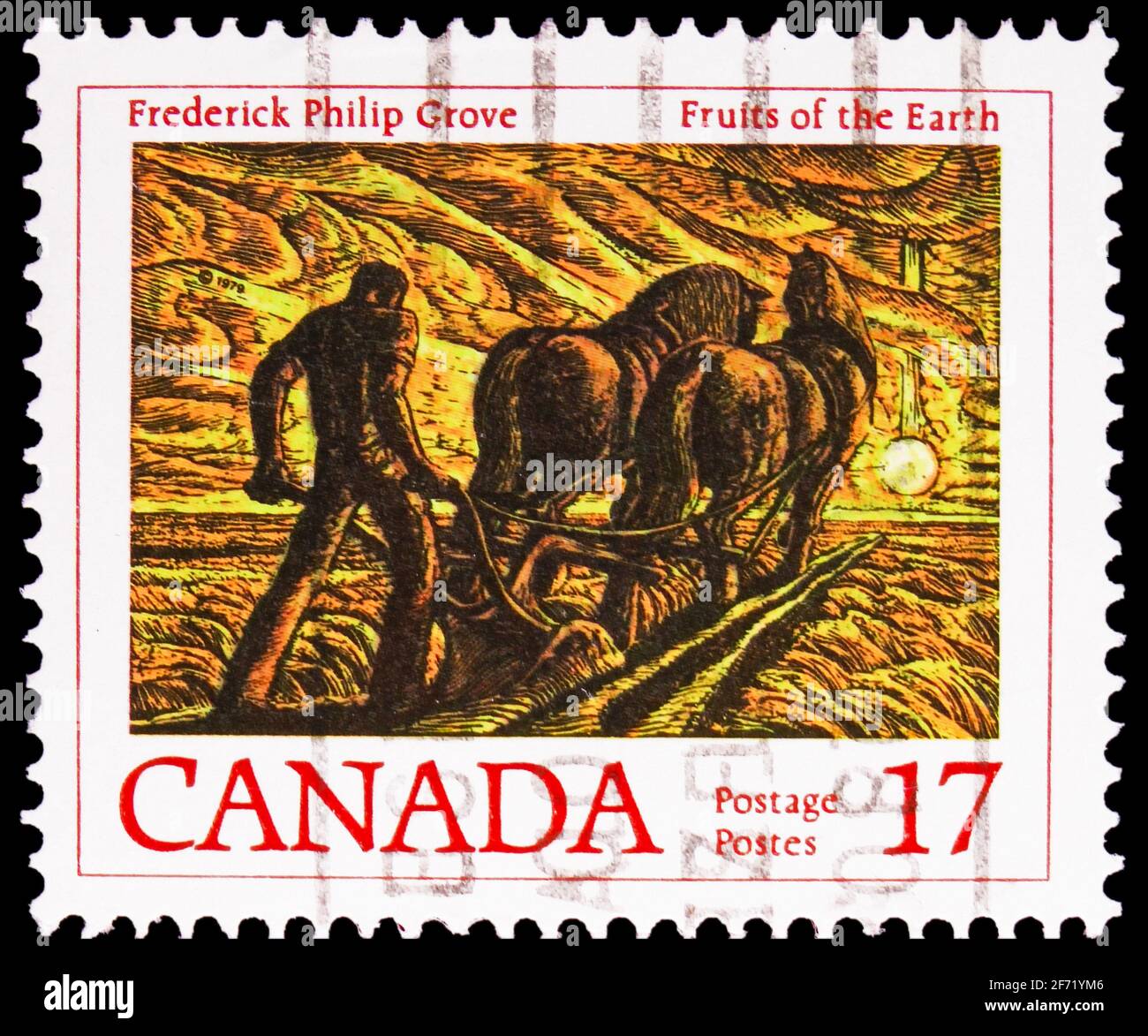 MOSCA, RUSSIA - 28 FEBBRAIO 2021: Francobollo stampato in Canada mostra scena da 'frutti della Terra' di Frederick Philip Grove, scrittori canadesi Foto Stock