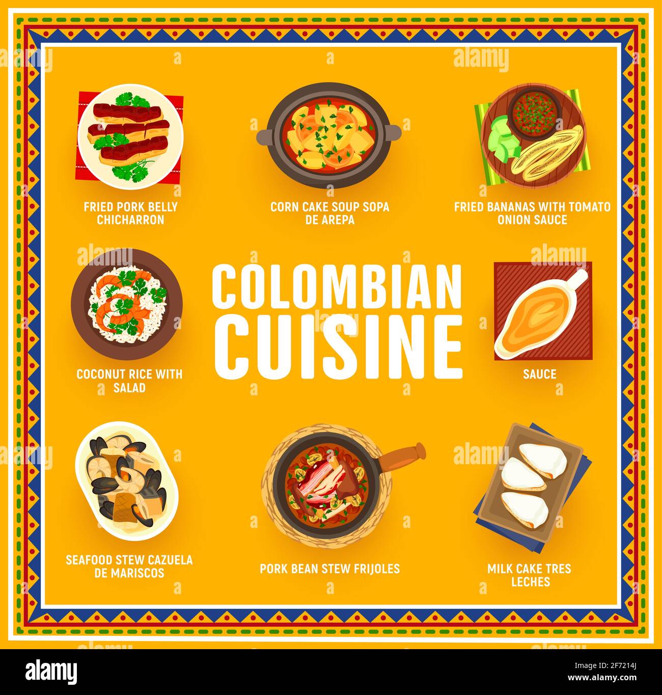 Poster vettoriale della cucina colombiana, pasti Colombia Illustrazione Vettoriale