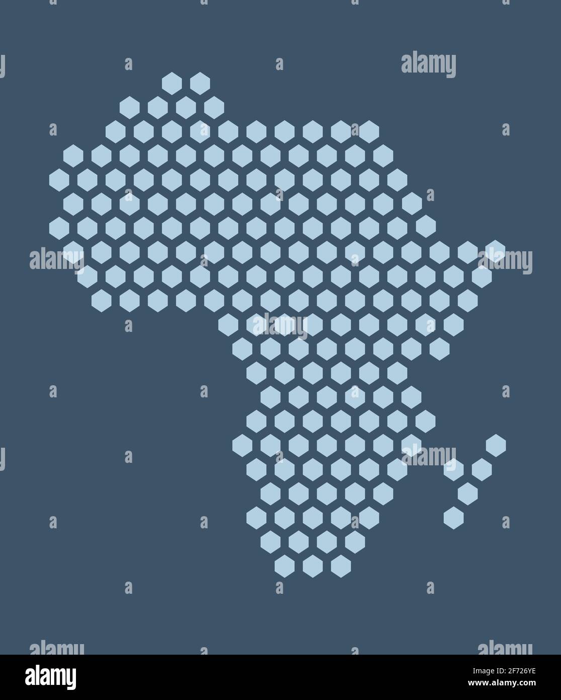 Mappa pixel esagonale blu scuro dell'Africa. Illustrazione vettoriale continente africano mappa esagonale mosaico punteggiato. Confine amministrativo, composizione del terreno. Illustrazione Vettoriale