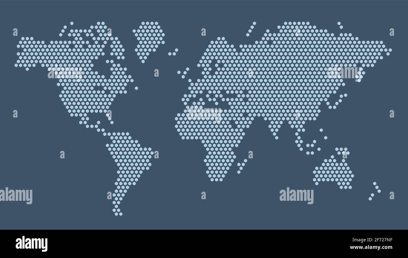 Mappa del mondo pixel esagonale blu scuro. Illustrazione vettoriale pianeta Terra continenti mappa esagonale mosaico punteggiato. Confine amministrativo, composizione del terreno. Illustrazione Vettoriale