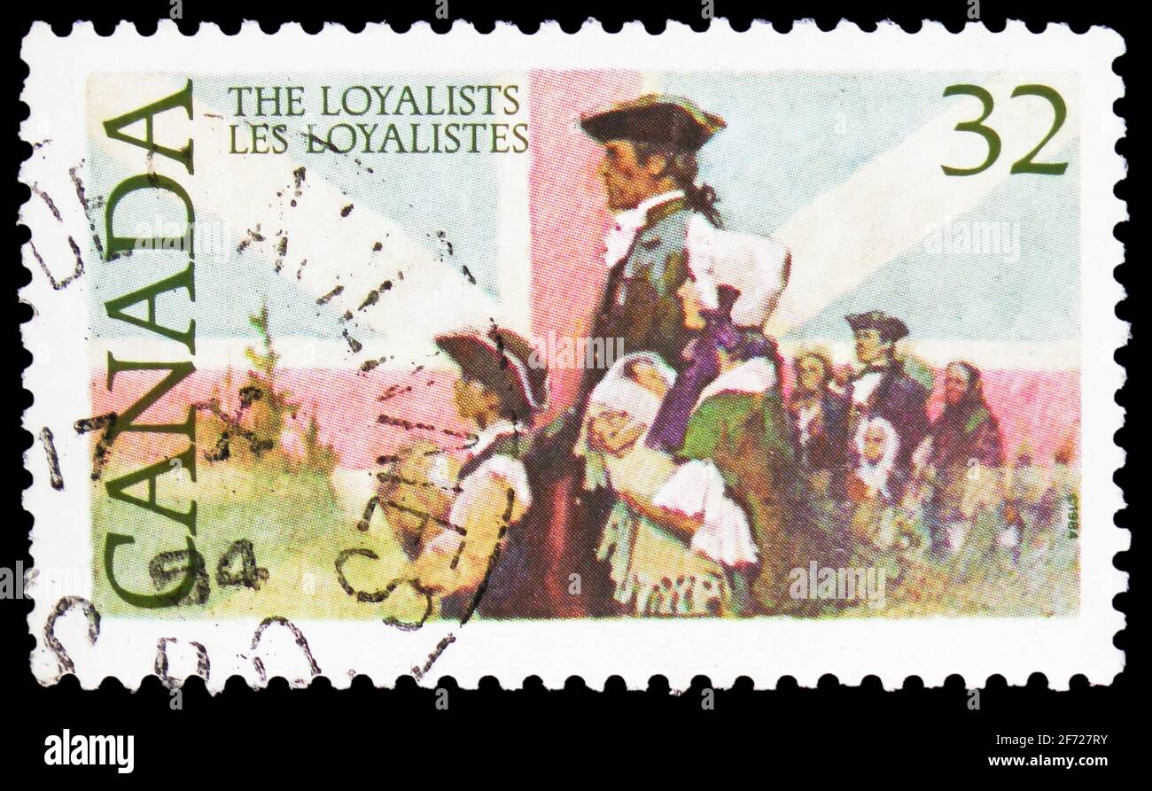 MOSCA, RUSSIA - 28 FEBBRAIO 2021: Francobollo stampato in Canada mostra i Loyalists, circa 1984 Foto Stock
