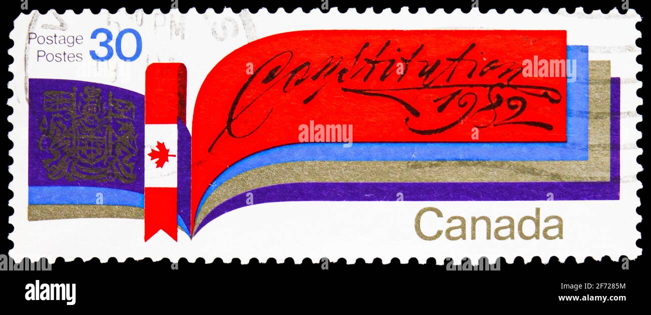 MOSCA, RUSSIA - 28 FEBBRAIO 2021: Francobollo stampato in Canada Mostra Costituzione, 1982, circa 1982 Foto Stock