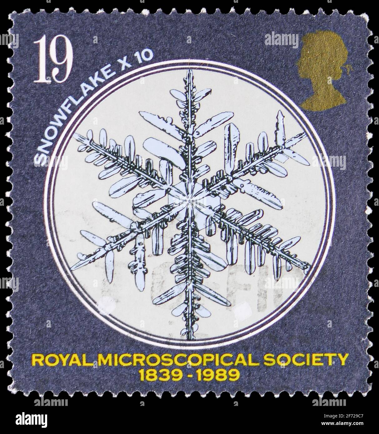 MOSCA, RUSSIA - 28 FEBBRAIO 2021: Francobollo stampato nel Regno Unito mostra Snowflake x 10, Royal Microscopical Society serie, circa 1989 Foto Stock