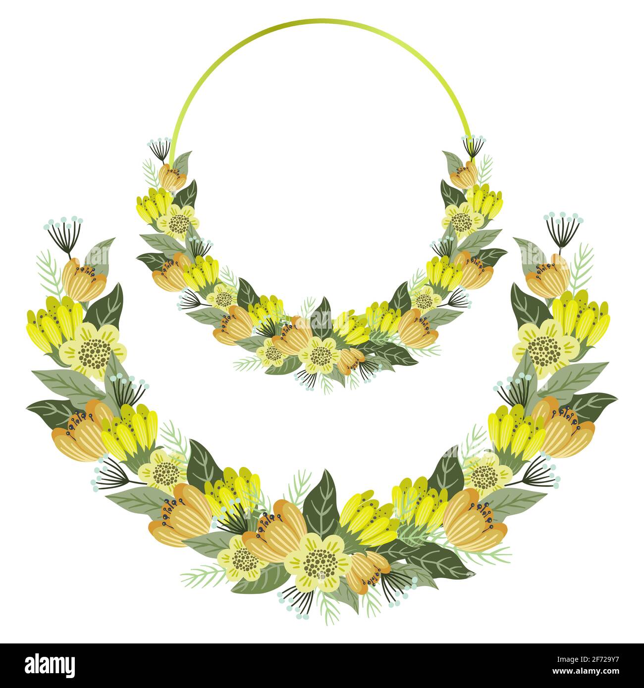 Set di cornici floreali Vector, fiori carini con cornice circolare dorata e corona. Illustrazione Vettoriale
