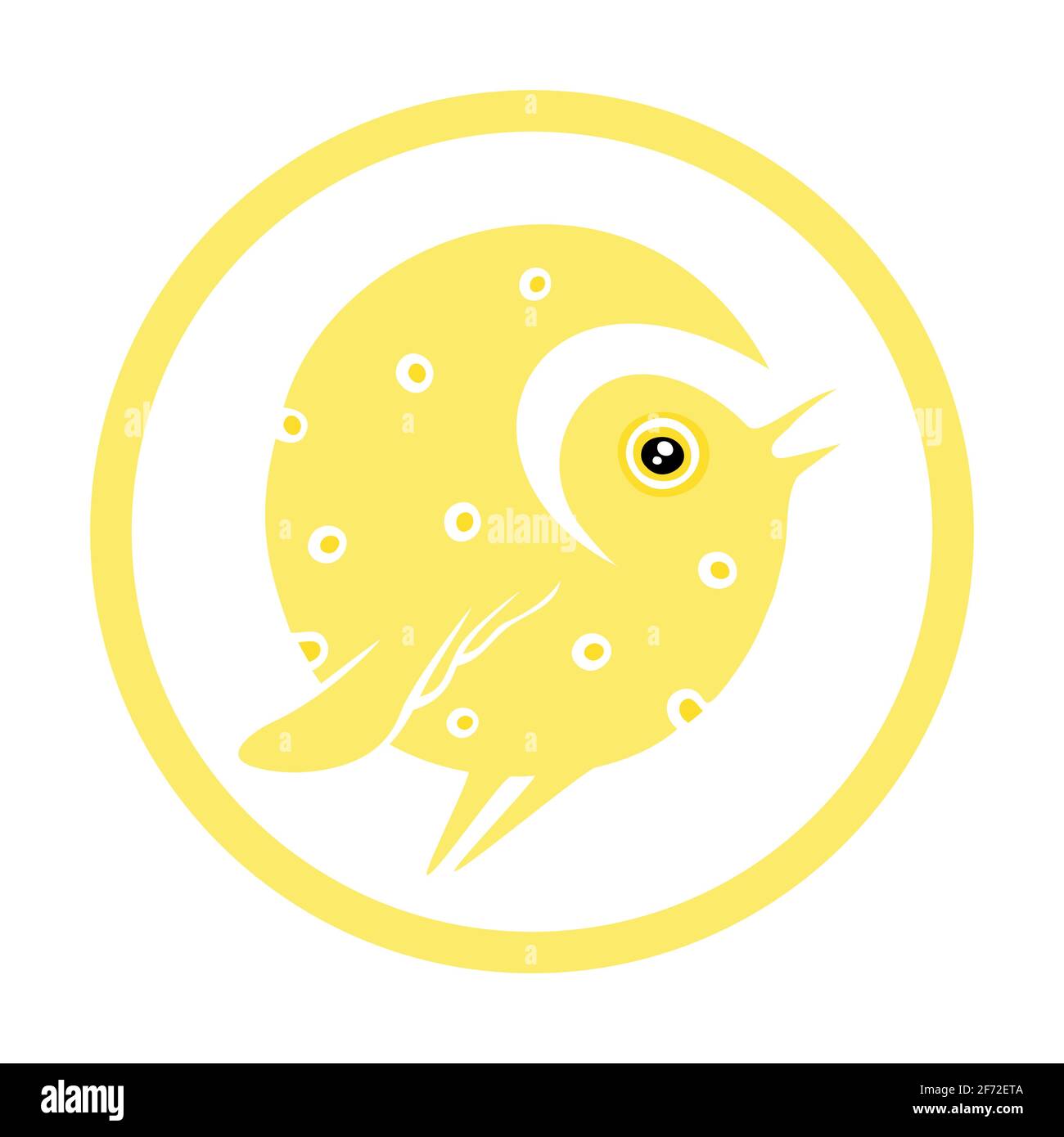 Logo giallo formaggio uccello in un cerchio isolato su bianco Illustrazione Vettoriale
