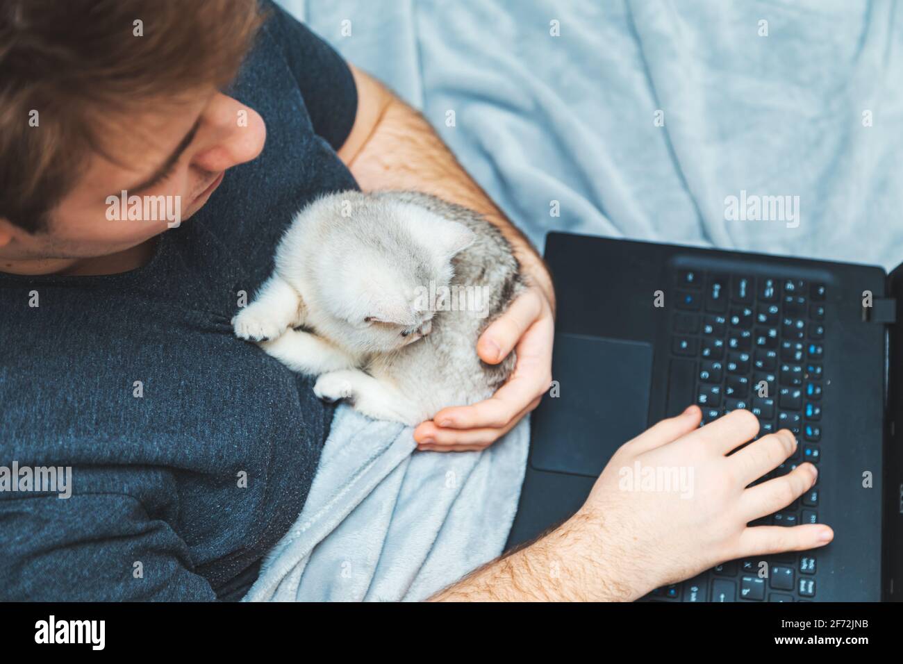 Giovane uomo con gattino che lavora al suo laptop. Il concetto di apprendimento online e di lavoro durante una pandemia. Foto Stock