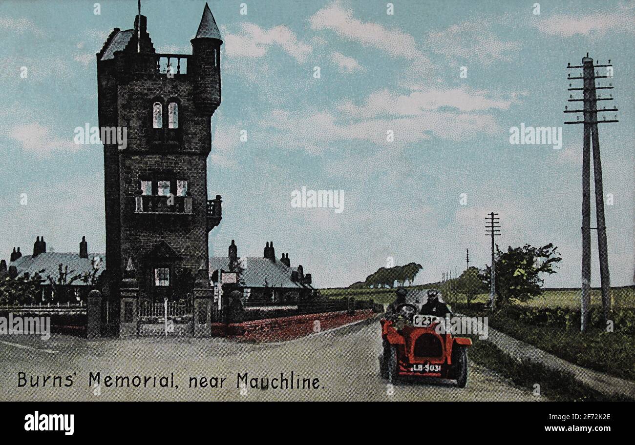Cartolina postsegnata nel 1910 che mostra la Torre Memoriale dei Burns vicino a Mauchline, costruita nel 1896 per celebrare il centenario della morte del poeta. Foto Stock