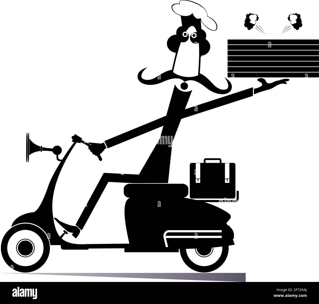 Il delivery man con scatole di cibo guida un'illustrazione scooter. Cuoco lungo baffi tiene scatole con un cibo saporito odore guida un'illustrazione dello scooter Illustrazione Vettoriale