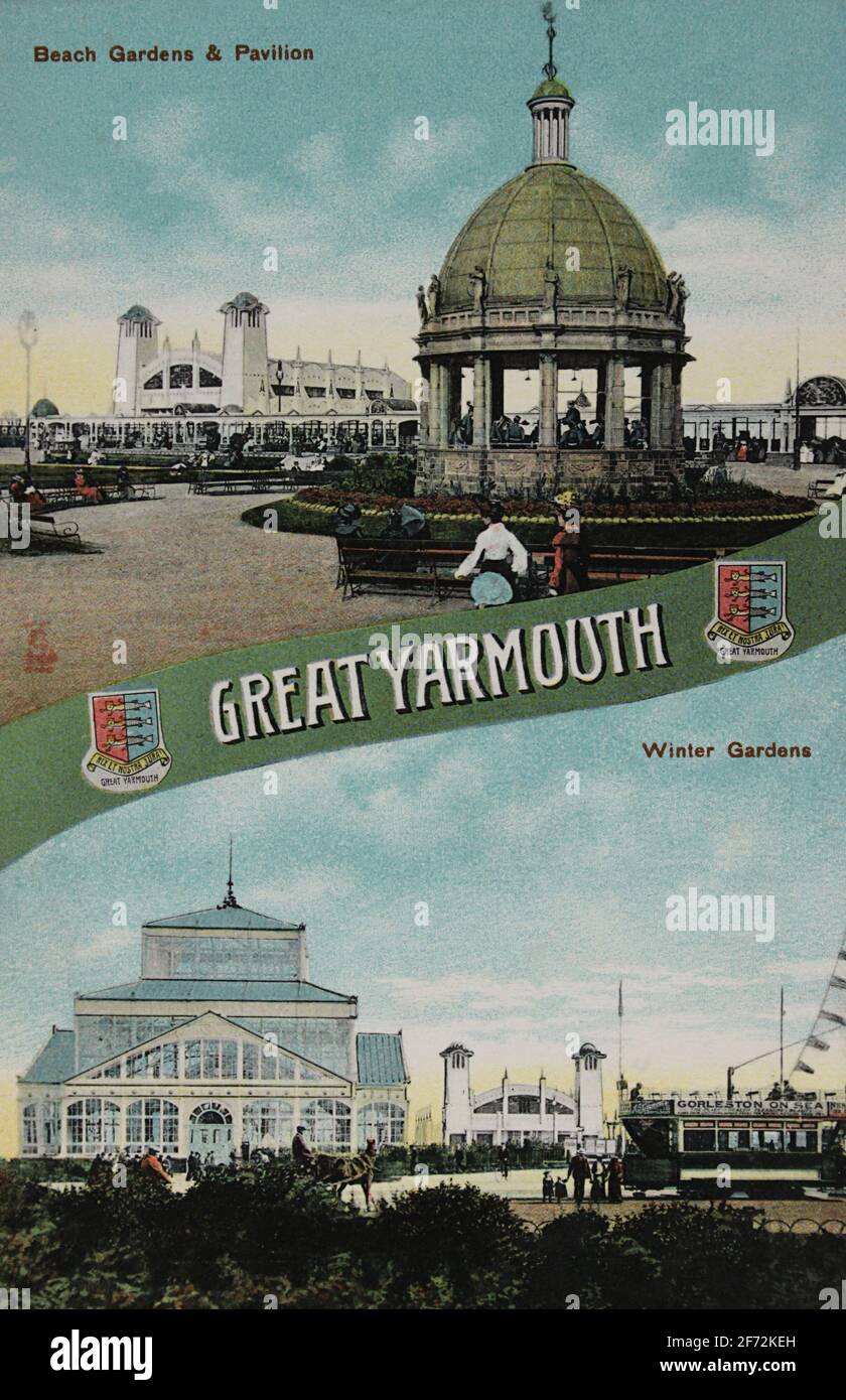 Cartolina colorata a mano circa 1910 intitolata "Great Yarmouth" raffigurante i Beach Gardens e il Padiglione sopra e i Winter Gardens sotto. Foto Stock