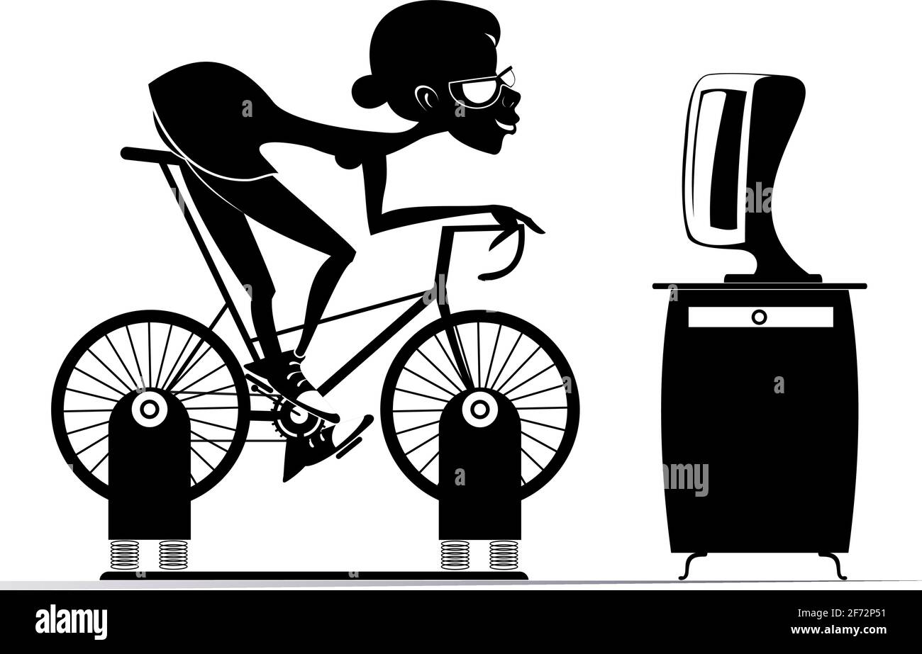 La donna ciclista si allena a casa sull'illustrazione della bici di  esercitazione. Ciclista giovane donna cavalcare su cyclette di fronte alla  TV o computer nero su bianco Immagine e Vettoriale - Alamy