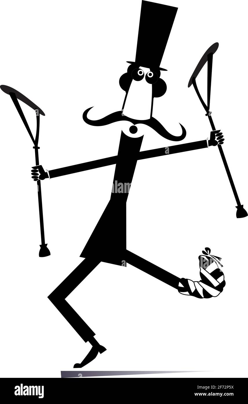 Felice uomo cartoon, bendaggio sulla gamba, stampelle illustrazione. Allegro Signore lungo moustached nel cappello con bendaggio sulle gambe ballando con cr Illustrazione Vettoriale