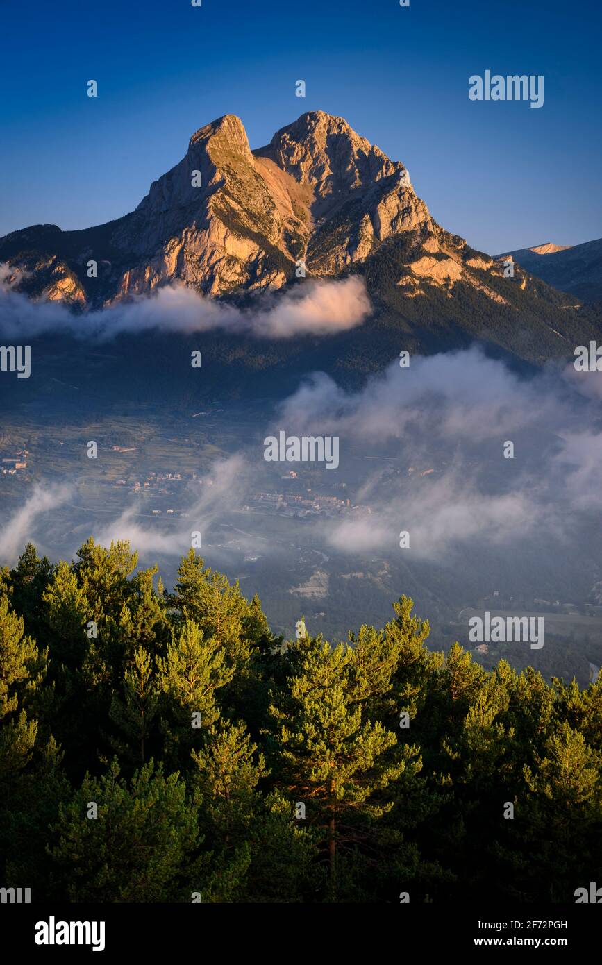 Pedraforca in un'alba estiva con basse nuvole sulla valle delle Salde, vista da vicino a la Palomera (Berguedà, Catalogna, Spagna, Pirenei) Foto Stock