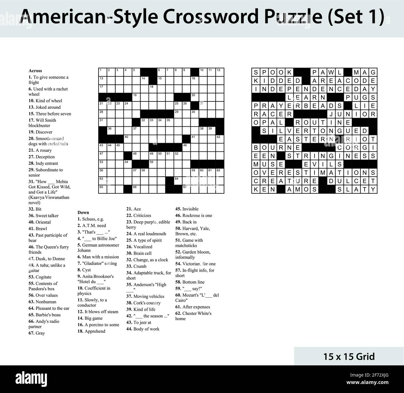 Crossword in stile americano con una griglia 15 x 15. Include griglia di crossword vuota, indizi e soluzione. Illustrazione Vettoriale